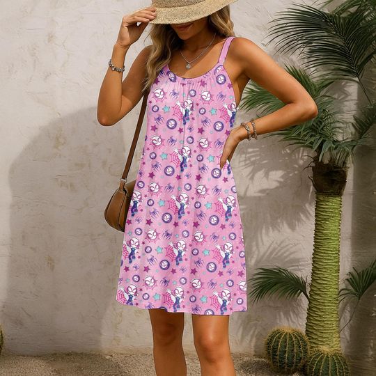 Spider Gwen Sling Summer Dress, Pink Spider Gwen Pattern Dress, Cute Spider Hero Girl Dress, Comic Superhero Outfit, Spider Gwen Fan Gi