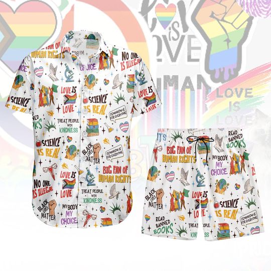 Discover Pride Human Rights Button Shirt And Shorts, Equality Button Shirt, Science Real Hawaii Shorts, Love Is Love Hawaiian Shirt, Activist Gi