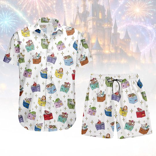 Discover Disney Bookish Button Shirt And Shorts, Magic Castle Button Shirt, Disney Pattern Hawaii Shorts, Disney Hawaiian Shirt, Bookish Gift