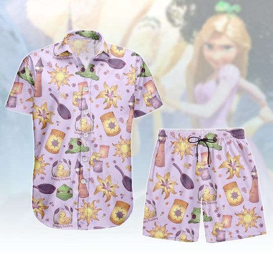 Discover Tangled Button Shirt And Shorts, Rapunzel Button Shirt, Frog Hawaii Shorts, Princess Hawaiian Shirt, Holiday Gift