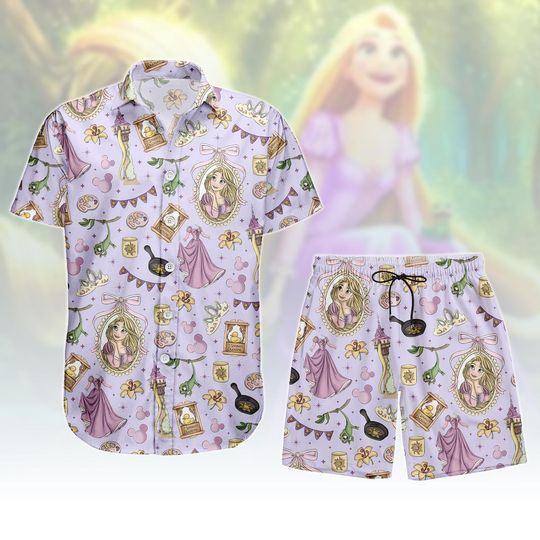 Discover Rapunzel Button Shirt And Shorts, Tangled Button Shirt, Princess Hawaii Shorts, Disney Fairy Tale Hawaiian Shirt, Birthday Gift