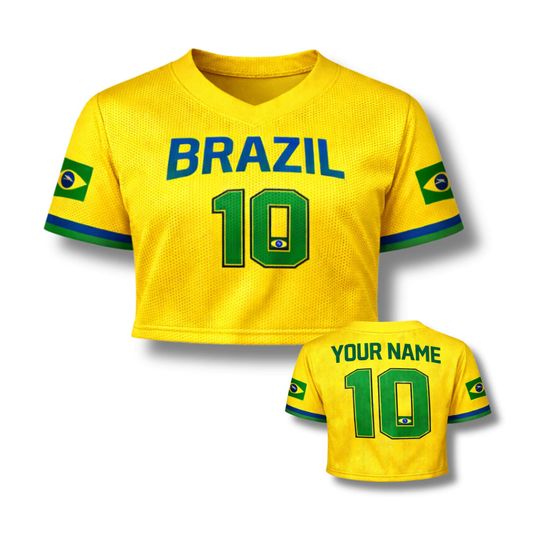 Discover Brazil Soccer Crop Top Jersey Custom Name Number Women Mesh Football Fan Shirt