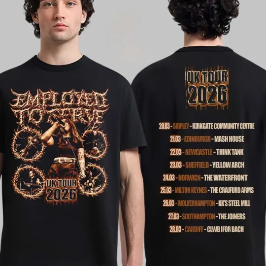 Discover Employed To Serve UK Tour 2026 Merch With Dates Back Two Sided T-Shirt
