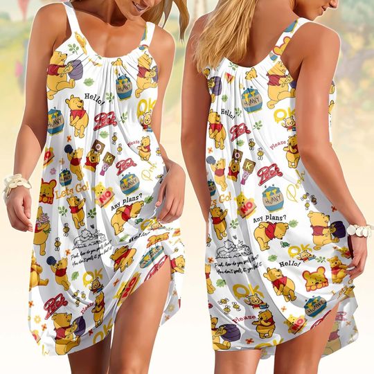 Discover Disney Winnie Pooh Sling Summer Dress, Disneyland Trip 2026 Women Dress, Bear With Honey Dress For Her, Pooh Lovers Tee, Summer Outfits