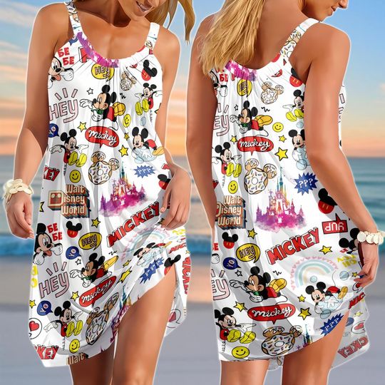 Discover Mickey Magic Castle Sling Summer Dress, Disneyland Women Dress, WDW 2026 Sleeveless Dress, Funny Cartoon Beach Dress,  Gift For Her