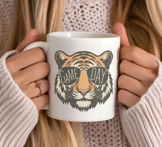Discover Tigers with Game Day Glasses Mug, Football Mug, Cute Game Day Coffee Cup, Mascot Mug, Football Mom Gift Cup