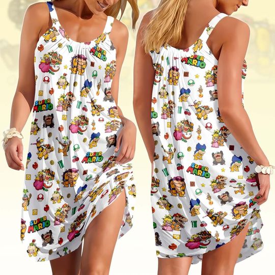 Super Mario Sling Summer Dress, Mario Browser Princess Peach Women Dress, Mario Bros Dress, Beach Party Dress For Video Gamers