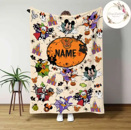 Discover Personalized Spooky Cartoon Flannel Blanket Custom Name Family Gift