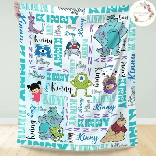Discover Custom Name Cute One-Eyed Monster Green Blue Flannel Blanket Kids Room Decor
