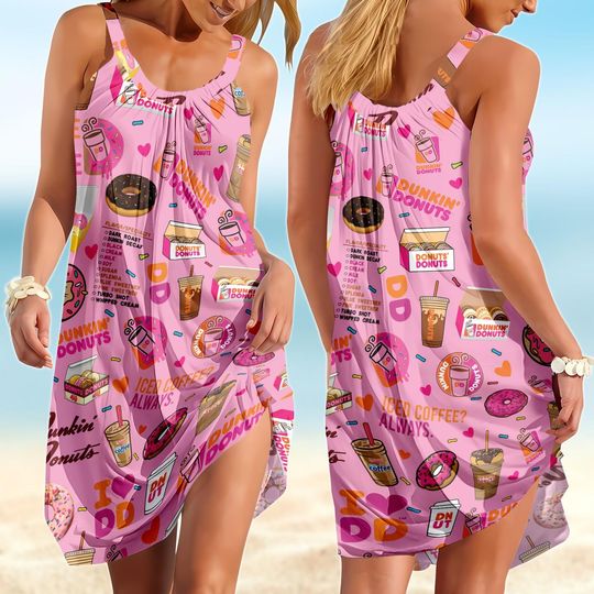 Discover Dunkin Donuts Sling Summer Dress, Chocolate Donut Women Dress, Donut Party Dress For Her, Dunkin Donuts Merch, Coffee Lover Outfits
