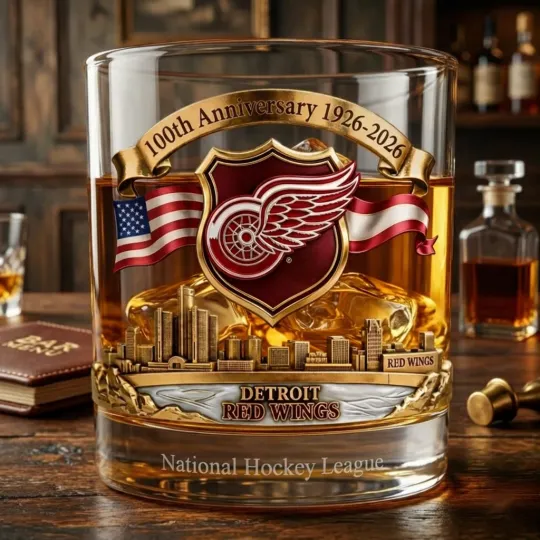 Discover Detroit Red Wings 100th Anniversary Whiskey Glass Hockey - 11oz Whiskey Glass