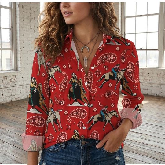 Cowgirl Riding Horse Blouse Shirt, Horse Red Casual Shirt, Cowgirls Western Shirt, Mother Day Shirt