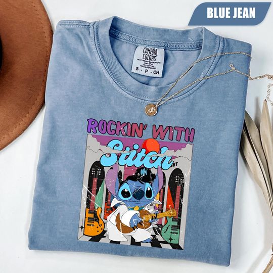 Discover Rockin' with Stitch Shirt, Retro Elvis Style Guitar Shirt, Music Lover T-Shirt, Stitch Rock Shirt