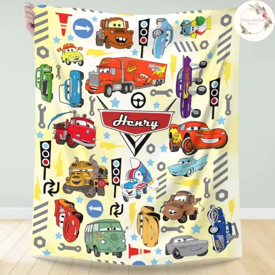 Discover Personalized Racing Cartoon Cars Custom Name Flannel Blanket Kids Gift