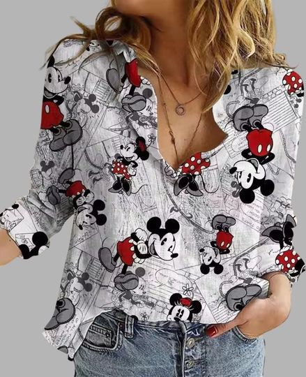 Discover Mickey Mouse And Minnie Mouse Linen-Look Shirt, Mickey Friends Blouse Women Shirt, Mickey Summer Shirt, Magic Kingdom Gifts