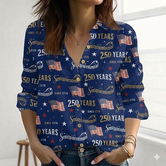 Discover USA 250th Anniversary Shirt, Semiquincentennial Blouse Shirt, Retro 1776 American Flag Women Top, 4th of July Linen Look Shirt, Patriotic Gift