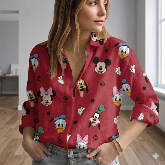 Discover Mickey and Friends Blouse Shirt, Disneyland Trip Women Shirt, Magical Mouse Head Linen Look Top, Theme Park Vacation Button Up, Disney Fan Gift