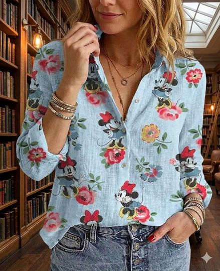 Discover Minnie Mouse Blouse Shirt, Disney Floral Women Shirt, Magic Kingdom Casual Top, Disneyland Vacation Button Up, Cute Cartoon Mouse Gift for Her