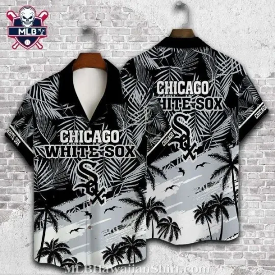 Discover Chicago Baseball White Team Soxx Hawaiian Shirt With Monochrome Palms And Sunset