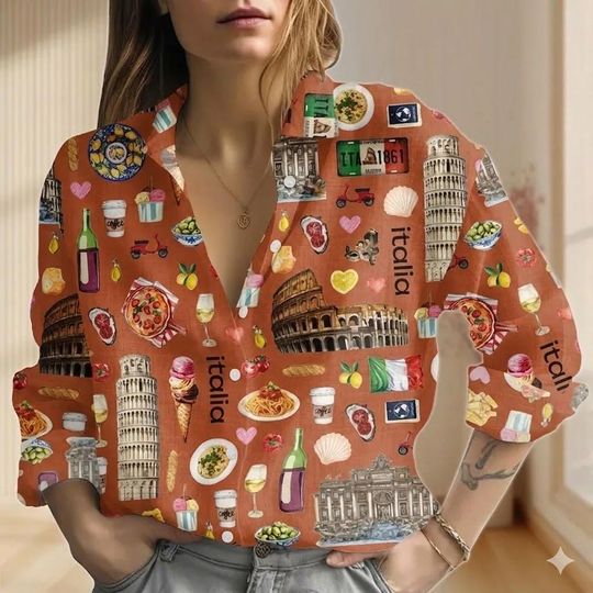 Discover Italy Travel Linen Look Shirt, Rome Colosseum Women Blouse, Cute Pizza Pasta Foodie Top, Italian Vacation Button Up, Rome Trip Gift for Her