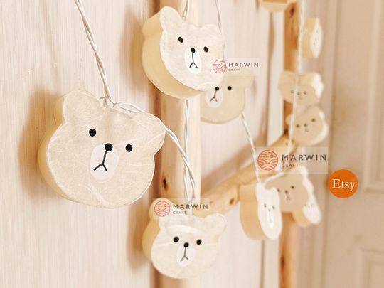 Handcrafted Paper String Lights Ivory Cream Teddy Bear Fairy Lights Bedroom Home Decor Living Room Wall Hanging Light Dorm USB Battery Plug