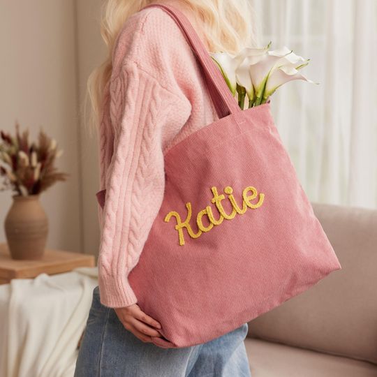 Personalized Corduroy Bag, Valentines Day gifts For Her, Everyday Essential Travel Tote, Personalized Gifts
