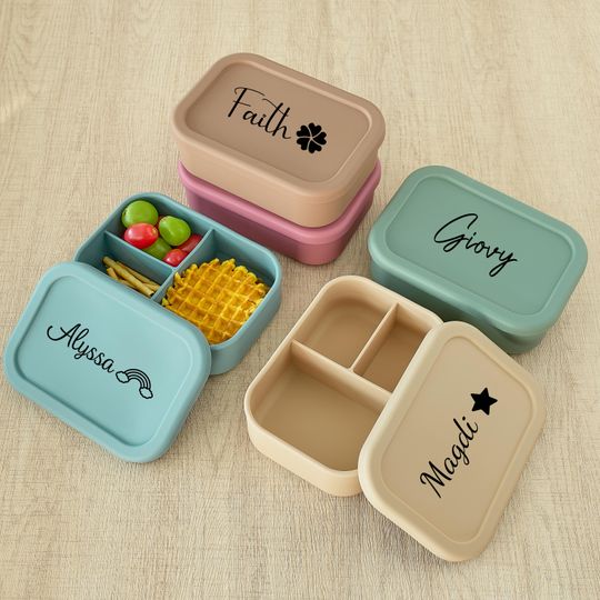 Discover Personalized Kids Silicone Lunch Box, Bento Box for School, Custom Name Food Storage, Toddler Back to School Gift