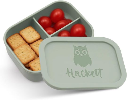 Discover Personalized Silicone Bento Box with 3 Compartments, Engraved Name Lunch Container, Work, Travel, Army Green