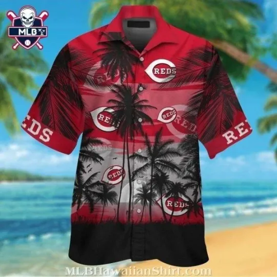 Discover Cincinnati Baseball Team Redss Tropical Hawaiian Shirt With Palm Tree And Sunset