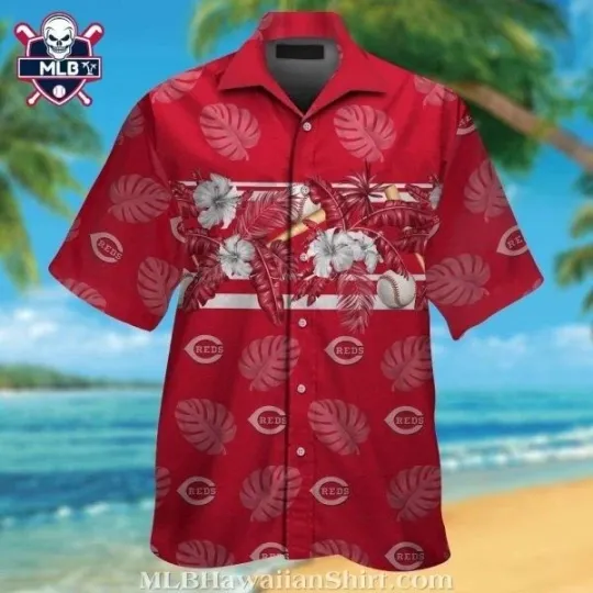 Discover Cincinnati Baseball Team Redss Hawaiian Shirt With Tropical Leaves And Hibiscus
