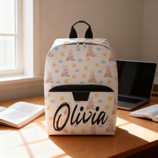 Custom Name Leather Backpack, Tan Faux Leather Backpack with Custom Name Option for Work, Travel, Everyday