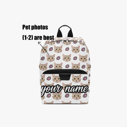 Discover Custom Name Cat Icon PU Leather Backpack, Personalized Faux Leather Bag with Cat Graphic Name for Women & Girls