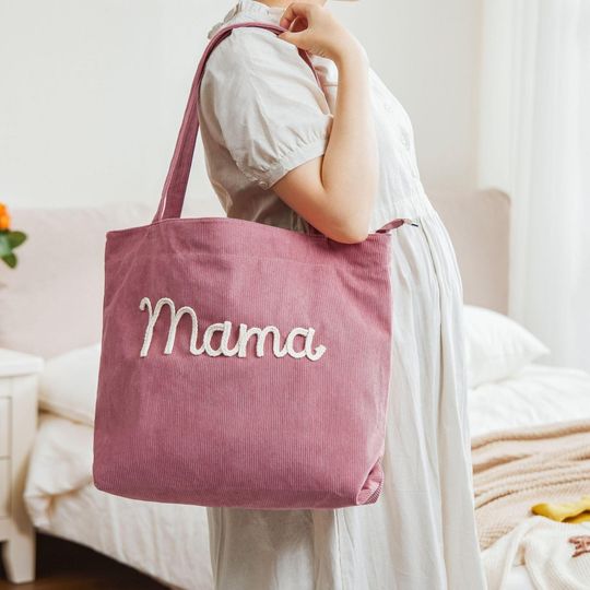 Personalized Embroidered Corduroy Tote Bag  Custom Name Gift for Mom, Friend, or Grandma | Christmas & Birthday Gift, Everyday Mom Bag