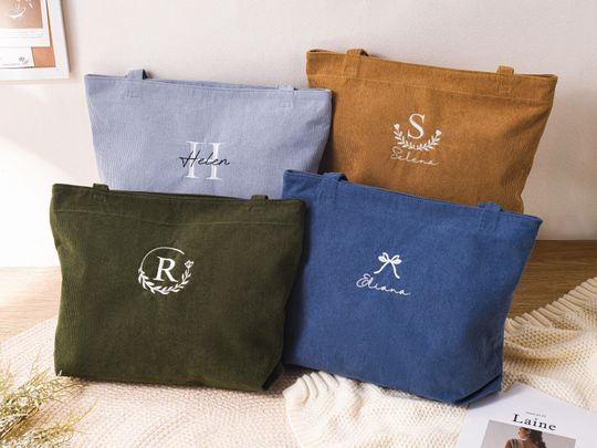 Personalized Embroidered Corduroy Tote, Bridesmaid Gift Bag, Name Tote Bag, Large Capacity Handbag with Zipper, Everyday Tote, Gift for her