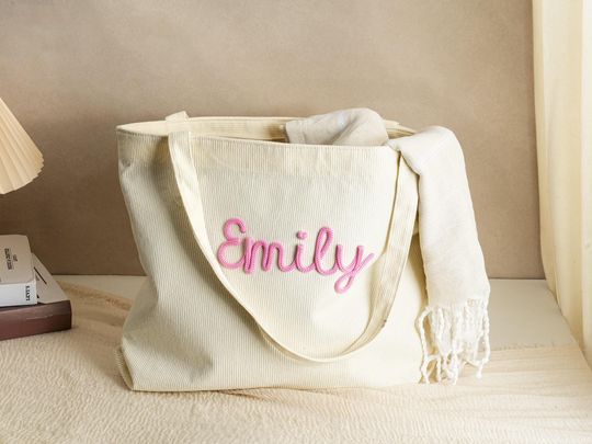 Personalized Corduroy Name Tote Bag, Embroidered Corduroy Bags, Bridesmaid Gift Totes Girl Trip Bag