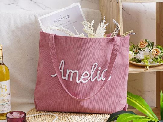 Personalized Embroidered Corduroy Tote,Custom Name Tote Bag,Bachelorette Gifts,Gift for Her,Traveling Handbag,Monogram Bag,Bridesmaid Gift