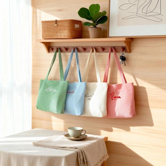 Embroidered Corduroy Tote Bag, Monogrammed Tote Bag, Custom Bridesmaid Gift,Shoulder Bag for Women,Bachelorette Gift, Christmas Gift for Her