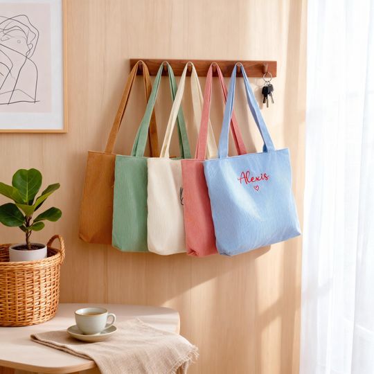 Personalized Embroidered Corduroy Tote, Custom Bridesmaid Gift, Name Travel Shoulder Bag, Bachelorette Gift,Christmas Gift for Her,Beach Bag