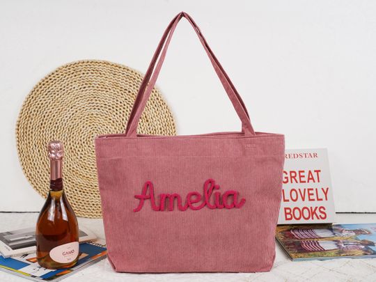 Personalized Embroidered Corduroy Tote Custom Bridesmaid Gift Bag for Her Beach Bag Everyday Handbag Mothers Day Gifts