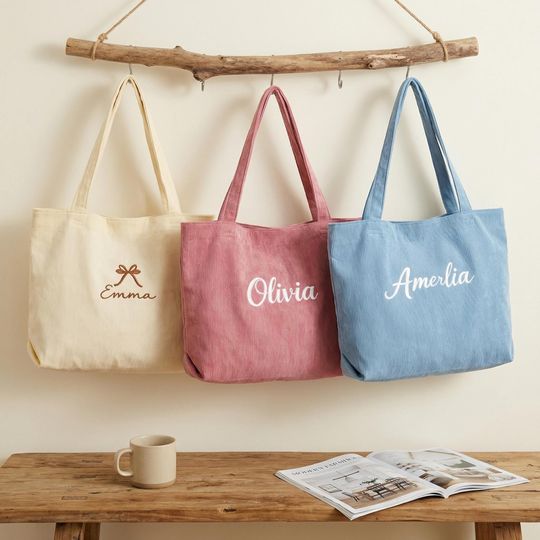 Personalized Bridesmaid Tote Bag | Bridesmaid Tote bag/gift bag | Corduroy Tote Bag | Tote Bag with Zipper | Name Bag | Wedding Party Gifts
