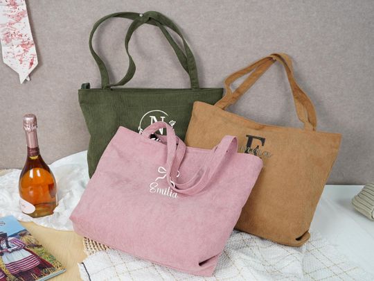 Personalized Corduroy Tote Bag with Zipper, Custom Embroidered Name Bridesmaid Tote, Monogram Wedding Party Gift, Bridal Shower Bag