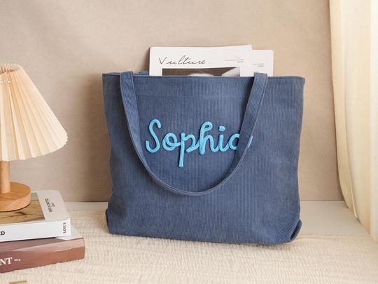 Personalized Corduroy Name Tote Bag, Embroidered Corduroy Bags, Christmas Bridesmaid Gift Totes
