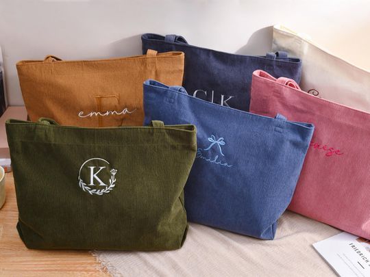 Personalized Bridesmaid gift bag, Bridesmaid Tote bag, Corduroy Tote Bag, Tote Bag with Zipper, Name Bag, Monogram Bag, Wedding Party Gifts