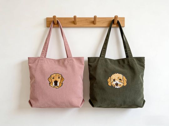 Custom Embroidered Pet Portrait Corduroy Tote Bag  Dog Mom Gift
