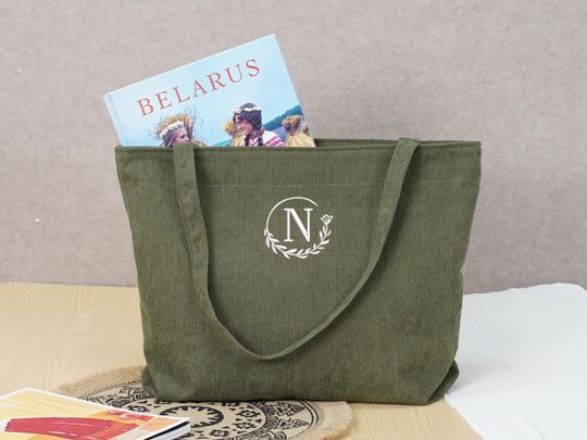 Personalized Corduroy Tote Bag Embroidered with Name, Monogram Zipper Tote, Wedding Party Gifts, Valentine & Galentine Gift