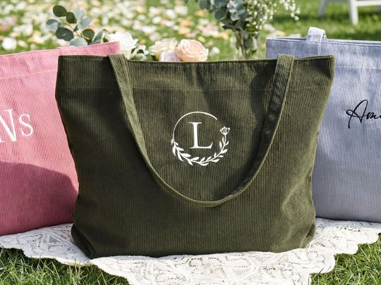 Custom Tote bag,Corduroy Gift bag,Name Tote Bag,Bridesmaid gift bag,Embroidered Name Bag,Gift for Her,Bachelorette Gifts,Monogram Tote Bag