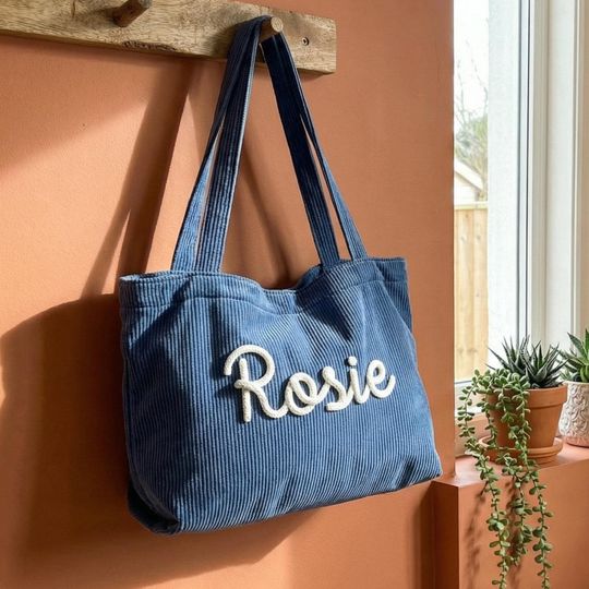 Custom Embroidered Corduroy Tote Bag  Personalized Spring Shoulder Bag, Mothers Day Gift, Easter Gift, Bridesmaid & Travel Weekender Tote