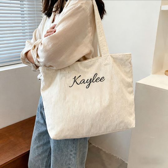 Personalized Embroidered Corduroy Tote Bag, Custom Bridesmaid Gift with Zipper, Traveling Monogram Bags