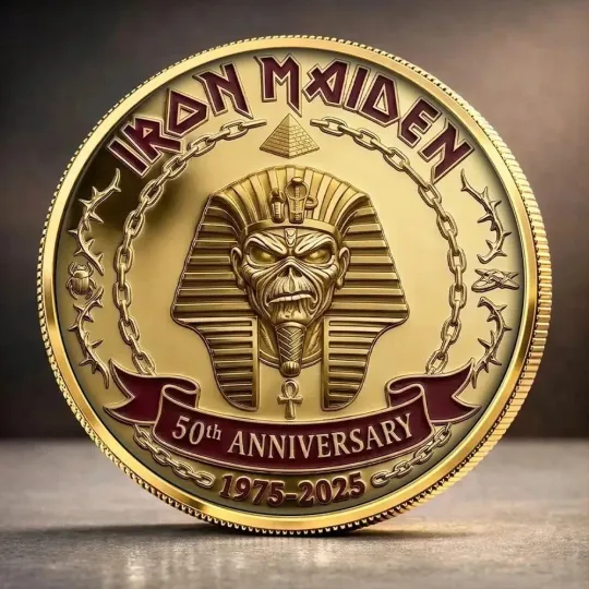 Discover IRON MAIDEN Powerslave Eddie 50th Anniversary Gold Coin 1975-2025 Metal Gift