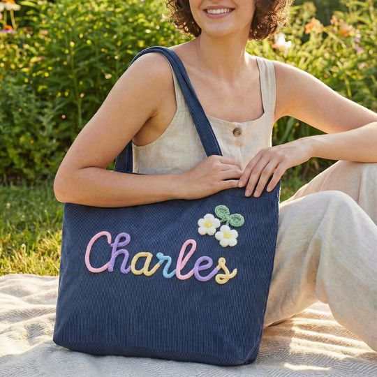 Custom Tote Bag Personalised Chenille Name Corduroy Tote Bag Zipper Work Purse Bridesmaid Gift Travel Essential Weekender Mothers Day Gift